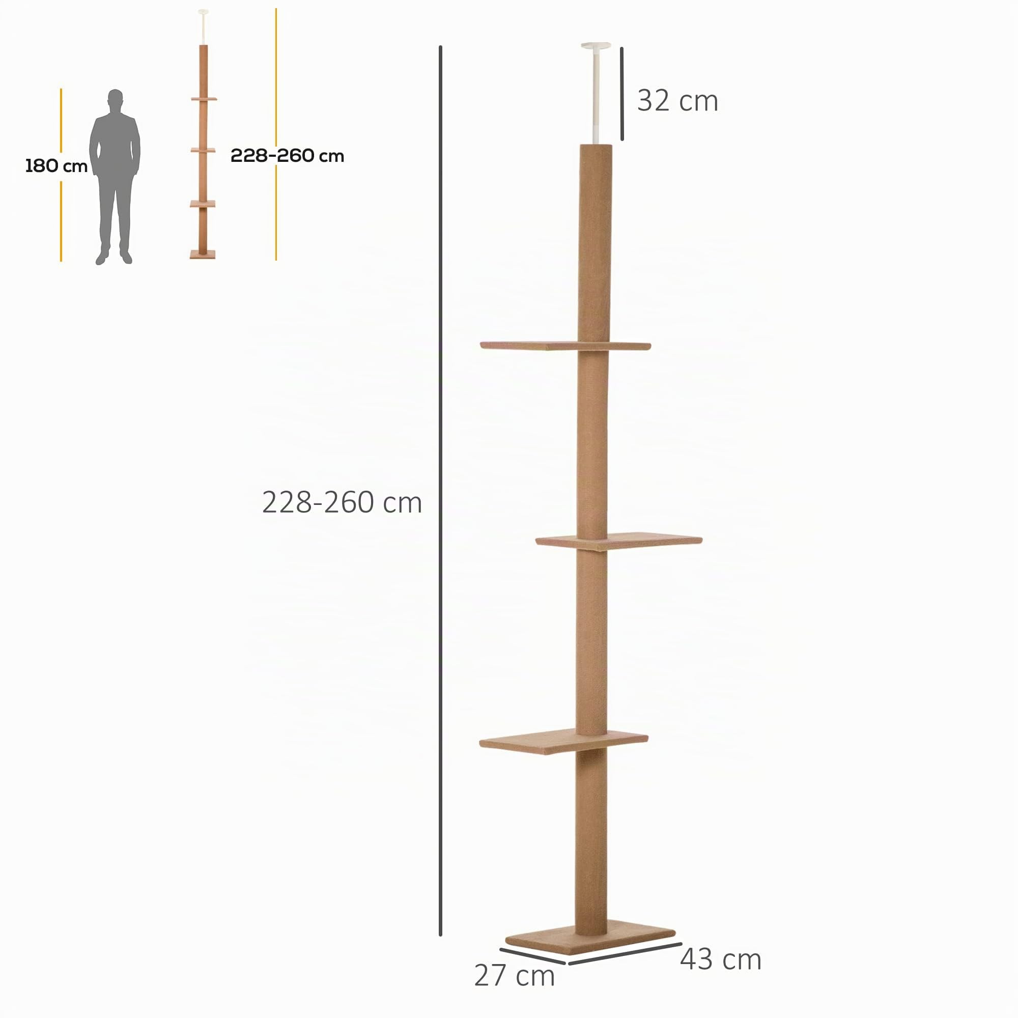 PawHut Árbol para Gatos del Suelo al Techo 43x27x228-260 cm Marrón | Torre para Gatos, Altura Ajustable, 4 Plataformas Espaciosas, Poste de Sisal
