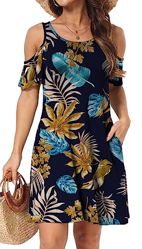 Image of Short /Long Sleeve Women's Cold Shoulder Dress with Pockets Casual Swing T-Shirt Dresses