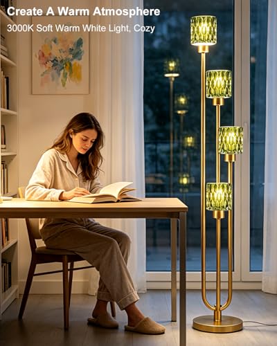 Image of Lightdot 4-Lights Glass Floor Lamp Dimmable Gold Floor Lamps with Green Glass Shade 3000K Bulbs Included Unique Modern Standing Tall Lamp with 5Lbs Heavy Base for Living Room /Bedroom /Sofa Beside
