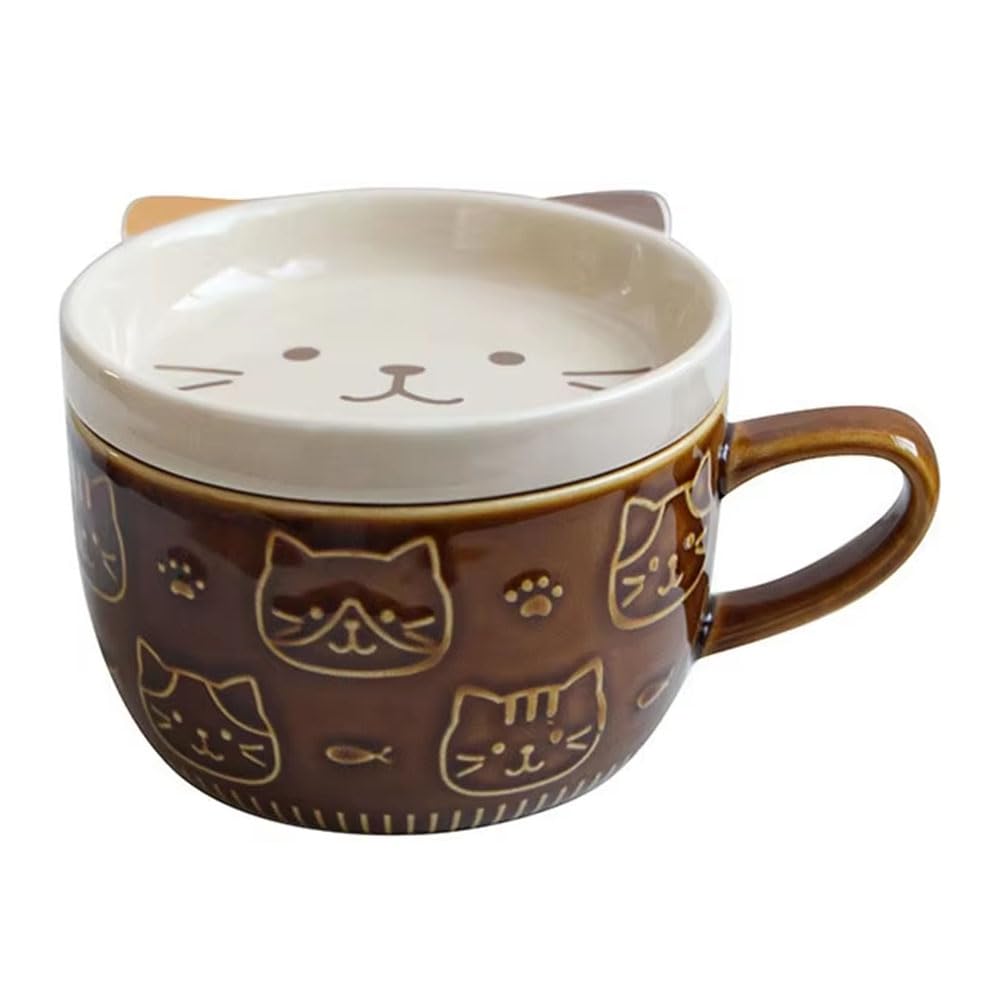CTRLZS Cute Japanese Cartoon Cat Coffee Cup with Lid - Ceramic Breakfast Milk Cup for Couples, Ideal for Home and Use C