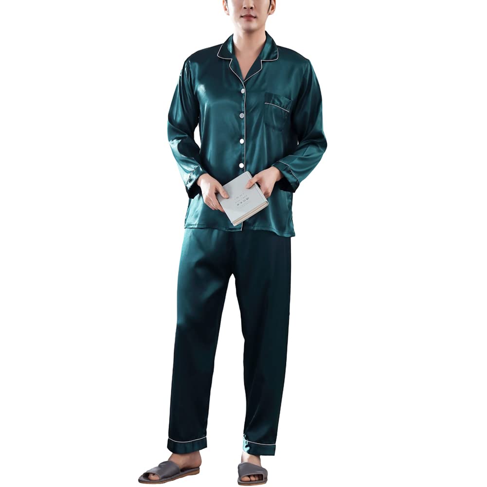 Men's silk Satin Pajamas Set Long/short Sleeve Button-Down Sleepwear with front pocket-image-31