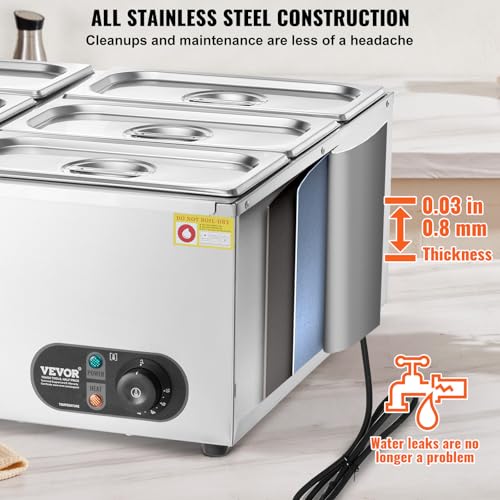 VEVOR kommerzieller Speisenwärmer 6 x 5 Qt Speisebehälter (1/3 Größe), elektrische Warmhalteplatte, 1500 W professionelles Buffet-Set aus Edelstahl, Buffet-Bain-Marie, 30–85 °C Temperaturregelung – Bild 6