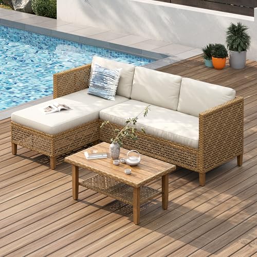 Image of PHI VILLA Outdoor Sectional Couch, Wicker Patio Furniture Set with Acacia Wood Coffee Table, L-Shape Small Outdoor Conversation Corner Sofa Set for Deck Porch, Beige
