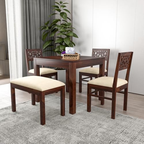 Image of Solid Sheesham Wood 4 Seater Dining Table Set | Four Seater Dinner Table with 3 Cushion Chairs & 1 Bench | Wooden Dinner Table 4 Seater | Dining Room Sets for Home(Walnut Finish)