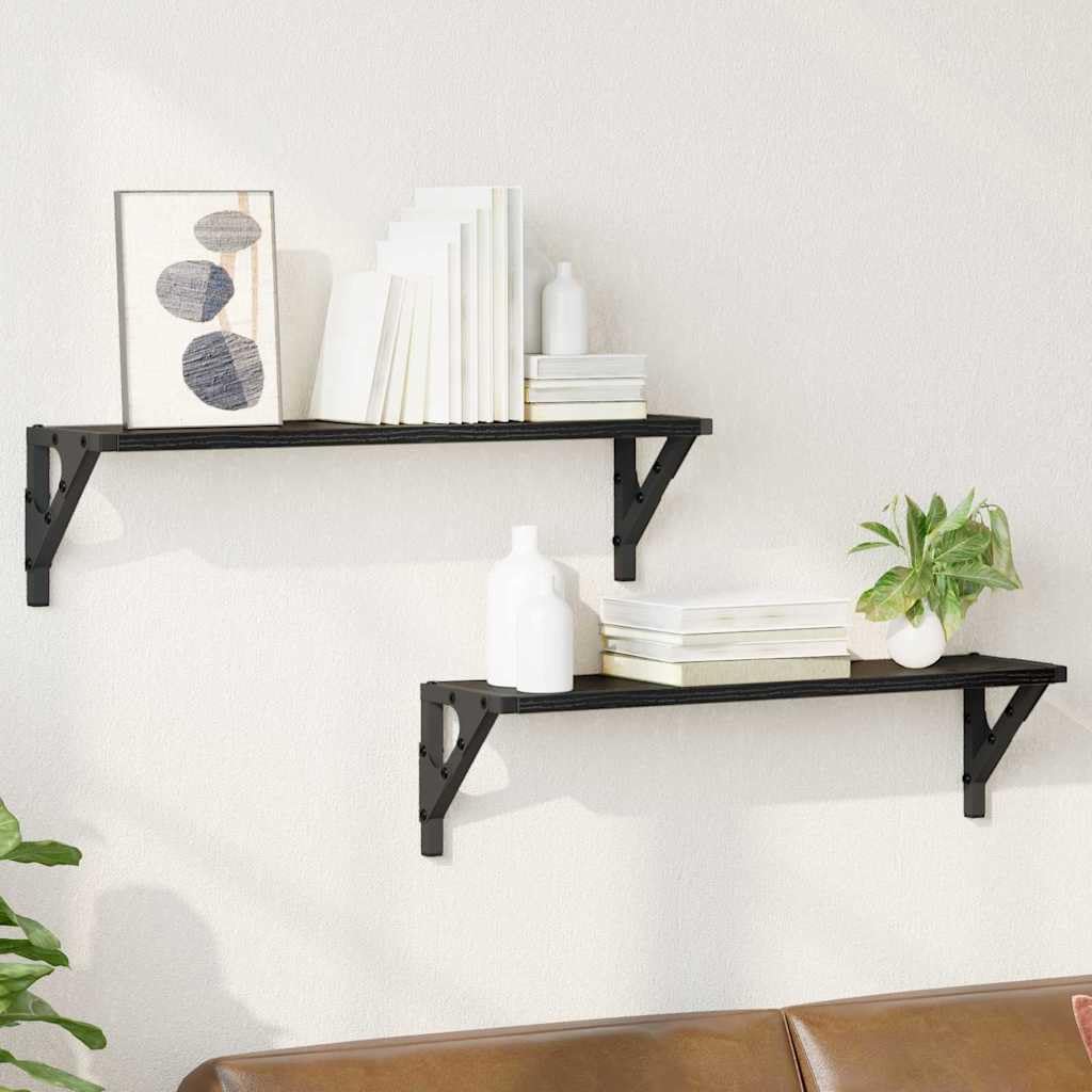 Juego de 2 estanterías de pared con marco de metal, color roble negro, 60 x 15 x 15,5 cm, ideal para salón y oficina en casa