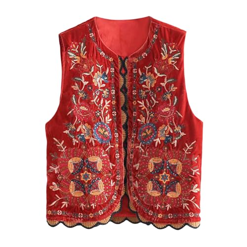 Image of Women Vintage Floral Embroidered Vest Y2K Sleeveless Open Front Cardigan Boho Linen Cropped Waistcoat