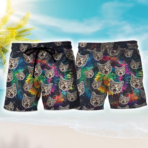 Tie Dye Mens Swim Trunks, Funny Cat Face Hawaiian Mens Shorts Casual - Pet Summer Drawstring Beachwear Shorts2