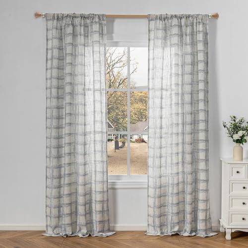 Image of MYSKY HOME Linen Sheer Curtains 95 Inch Length for Bedroom, Living Room Curtains 2 Panel Sets, Soft Plaid Linen Polyester Blend Semi Sheers Light Filtering Back Tab Privacy Drapes, 50 inchx95 inch, Grey
