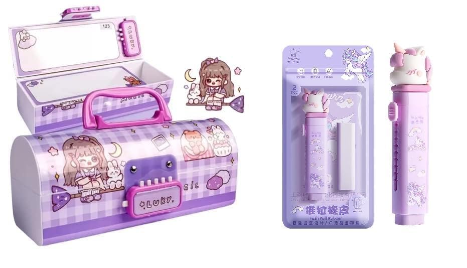 Image of Kawaii Stationery Combo Set for Girls | Kawaii Pencil Case Pouch with Zipper & Push Pull Eraser with Refills Back to School Supplies Gift for Kids