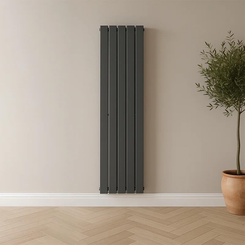 The Radiator Hub AURA Vertical Radiator 1600 x 376mm Anthracite, 5 Flat Bar Single Flat Panel Radiator, Designer Central Heating Wall Mounted for Bathroom Kitchen Hallway Bedroom Living Room