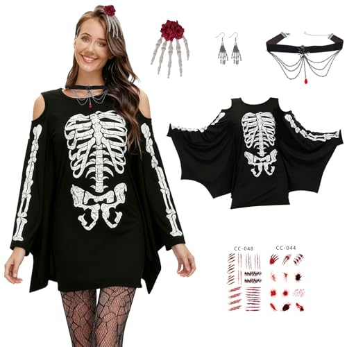 Lixstyea 5 Stück Skelett Kostüm Damen - Schwarzes Kostüm Skelett Mädchen mit Haarnadel, Silberne Totenkopf-Ohrringe, Spinnenkette, 2 Horror...