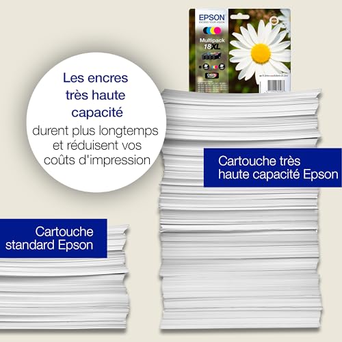 Multipack de cartouches d’encre d’origine Epson Claria 18 Pâquerette- 4 couleurs : cartouches Noir, Cyan, Magenta, Jaune - 1 x 5,2 ml, 3 x 3,3 ml - Fabriquées par la marque pour des résultats optimaux