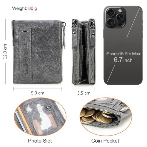 Image of CONTACTS Soft Leather Wallet for Women and Men Small Bifold Coin Purse Double Zipper Card Holder with RFID Blocking (Gray)