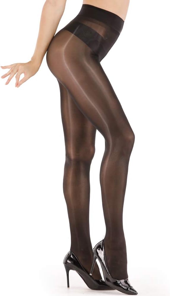 Super Durable Plus Size Tights, High Waist Control Top Sheer Pantyhose, Shiny Nylon Thigh High Stockings for Women