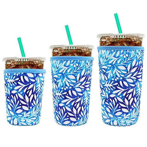 Image of YR Reusable Neoprene Insulator Sleeve for Iced Coffee Cups, 3 Pack Coffee Coolies sleeves for Iced & Hot Drinks, Cold Beverage Cooler Compatible with Starbucks Coffee and More (Blue Leaves)