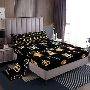 Kerstboom Hoeslaken Leuke Sneeuwpop Lakenset Voor Kinderen Jongens Meisjes Kinderen Gouden Sneeuwvlok Geschenkdoos Beddengoed Set Ultra Zachte Cartoon Kerst Illustratie Bed Cover Dubbele Maat 4 Stks