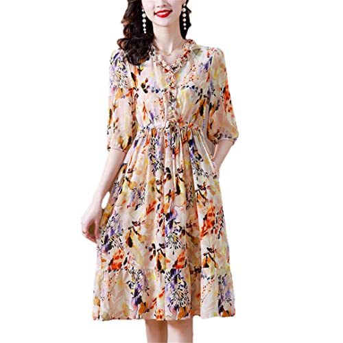Robe midi vintage en soie jaune pour femme de taille L avec un col à volants élégant