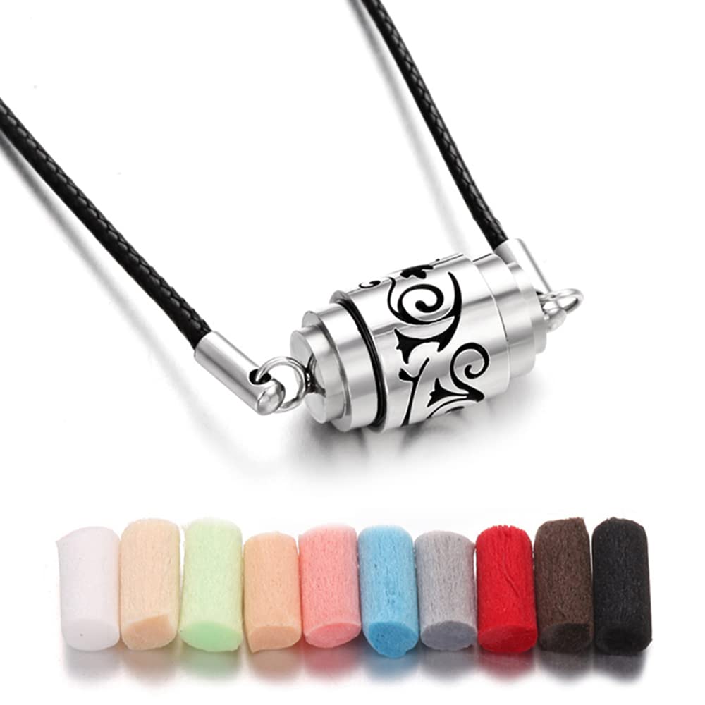 Aromatherapy Essential Oil Diffuser Necklace 316L Stainless Steel Adjustable Pendulum Pattern Aroma Necklace with 10PCS Refill Sticks, Retro Hollow Design Relaxation Necklace XN053