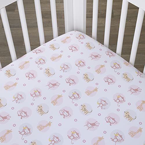 Image of NoJo Sweet Jungle Friends Pink, White & Tan, Monkey, Cheetah & Giraffe Super Soft Fitted Crib Sheet, Pink, White, Tan