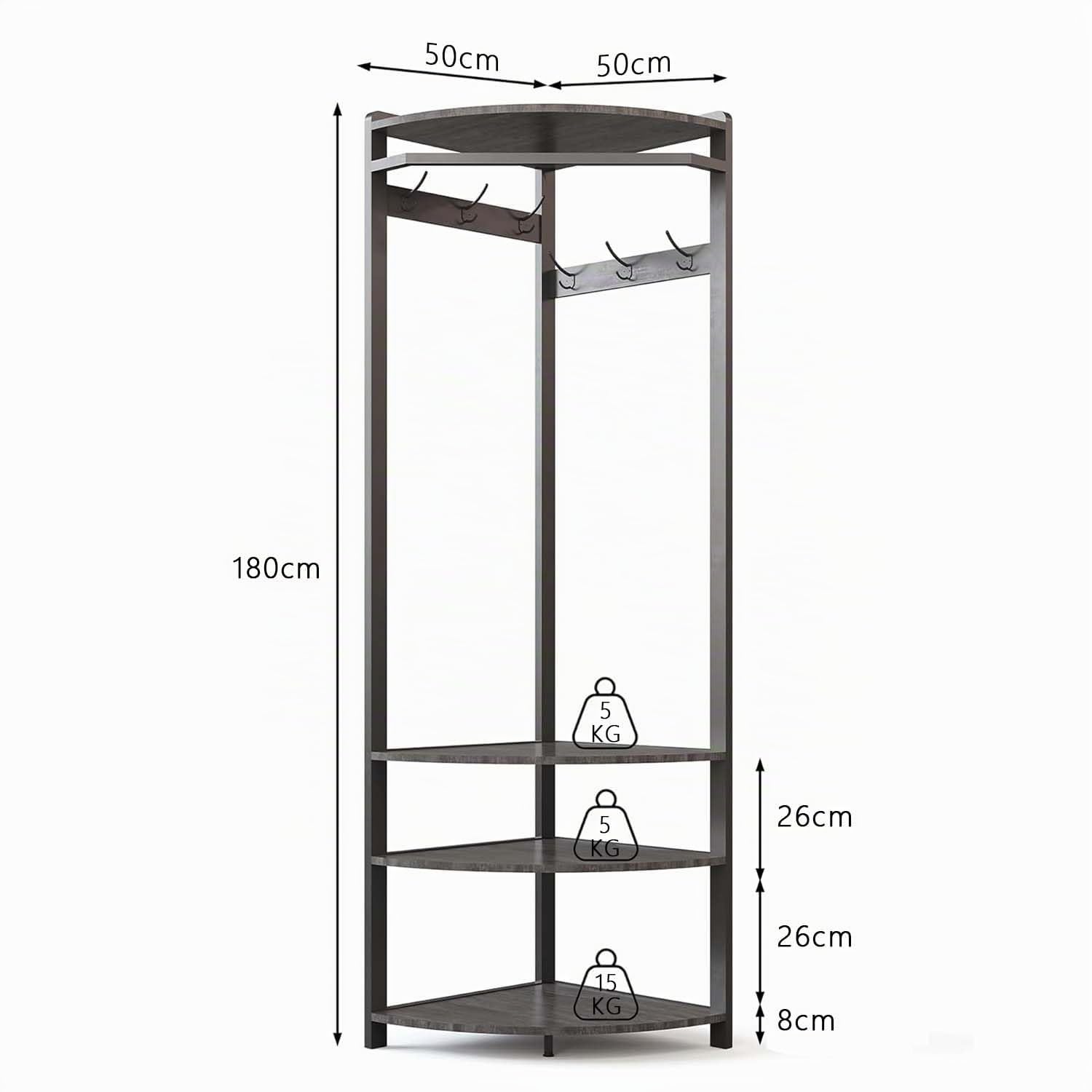 Garderobenständer Ecke, Eckgarderobe Metall mit 6 Doppelhaken/ Aufbewahrungsregal/ Schuhregal Offene Kleiderständer Flurregal Platzsparend Industrial Design für Flur Wohnzimmer Schlafzimmer Büro Grau