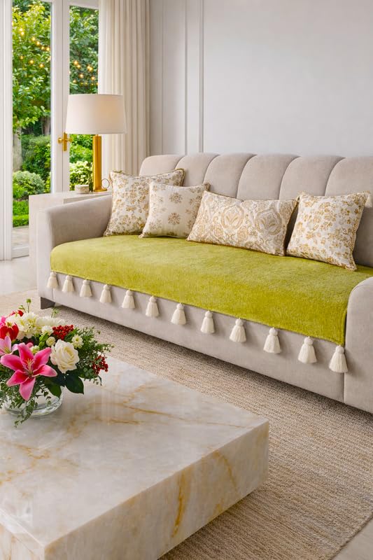 Olive Green 3 Seater Sofa Cover with Tassels for Living Room| Throw Pillow Three Seater Anti-Slip 3Seater Sofa Throws|Fits Sofa Seat|Diwali Decor Tassel-picture-23