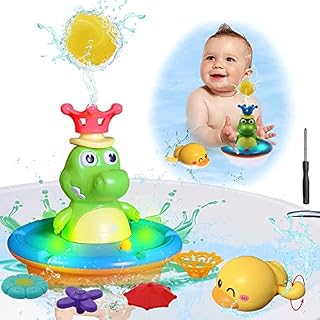 KINSI Baby Bath Toys, Crocodile Induction Water Spray Light up Bathly Sprinkler Toy, Swimming Pool Bathtub Toy with 5 Spray Styles Fly Ball Wind up Duck Girls Boys Bathtime Christmas New Year Gift