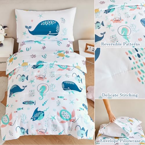Image of PERFEMET 4 Pcs Toddler Bedding Set Ocean Themed Toddler Comforter for Girl Soft Reversible Under Sea Animals White Toddler Bed in A Bag for Boys Girls(White, Whales)