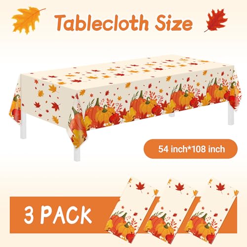 Image of 3 Pack Thanksgiving Disposable Tablecloths,54 x 108 Inch Thanksgiving Decorations,Give Thanks Table Cloth for Rectangular,Pumpkin Maple Tablecloths for Home,Party,Outdoor Picnic,Fall Theme,Baby Shower