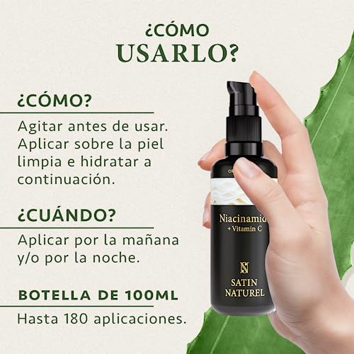 Satin Naturel Sérum Niacinamida 100ml – Con Vitamina C, Ácido Hialurónico y Aloe Vera Orgánica – Antimanchas, Antiacné, Hidratante y Antiarrugas para Piel Grasa y Mixta - imagen 8