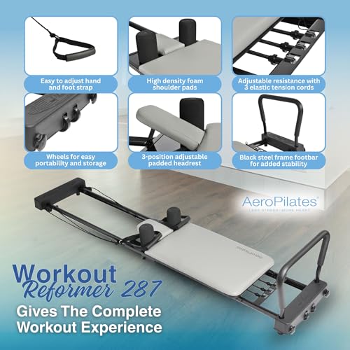 Stamina Products AeroPilates 287 Pilates Reformer – Home Gym Equipment with Adjustable Headrest, Padded Foot Bar, 3 Resistance Cords, and 2 Workout DVDs