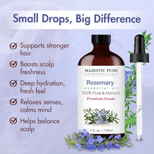 Image of Majestic Pure Essential Oil with Glass Dropper - 100% Pure and Natural - Essential Oils for Diffuser, Aromatherapy, Soap and Candle Making, Rosemary Essential Oil, Rosemary Oil, 4 Fl Oz