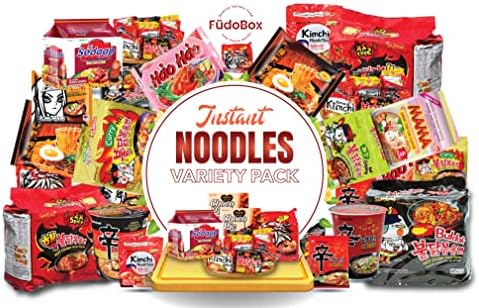 FUDOBOX Asian Instant Ramen Noodles Variety Pack with Cookies & Chopsticks | Nongshim, Nissin, Samyang, Wai Wai, Mama, Hao, Acecook | Student Care Package | Spicy Noodles Challenge | 15 Pack Assorted
