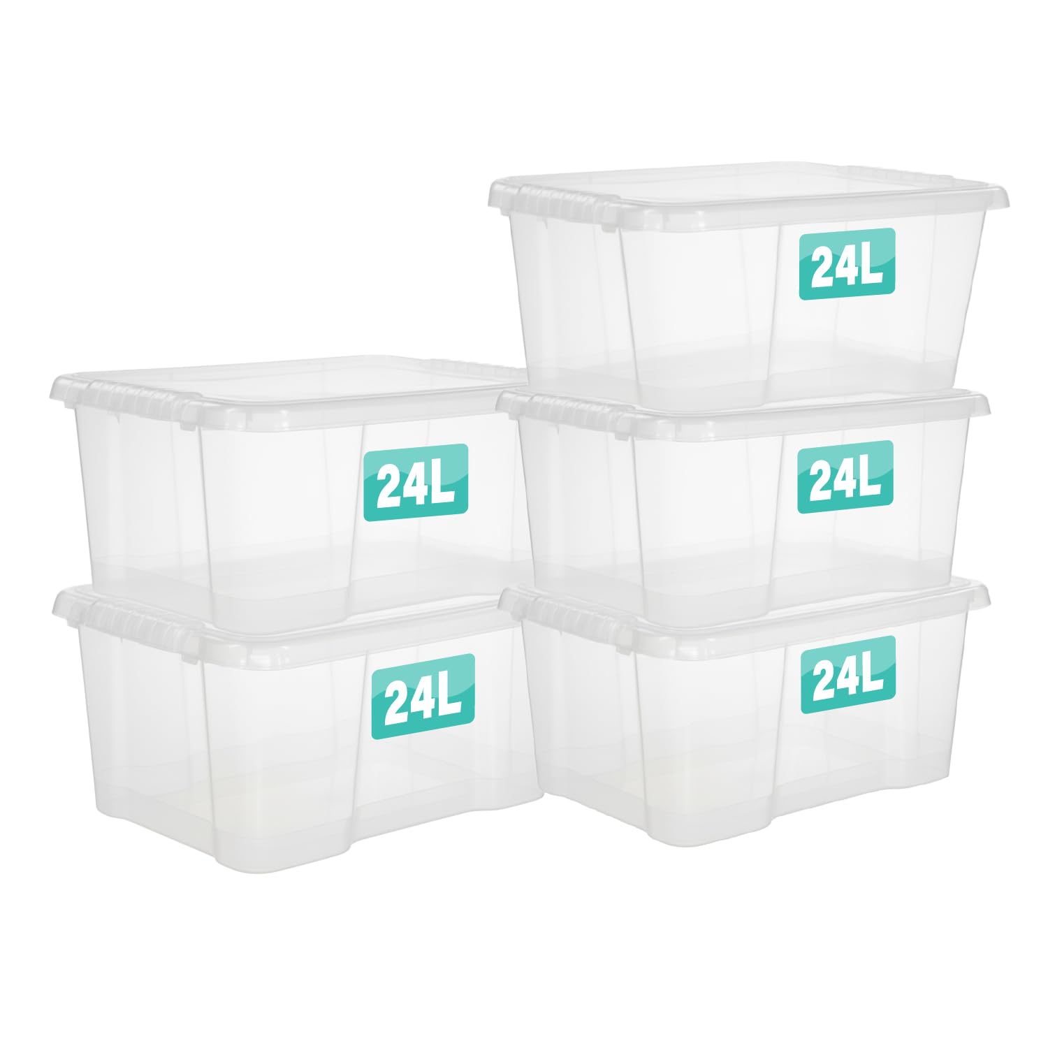 5 x 24 Litre Clear Plastic Storage Box With Lids UK BRITISH MADE Home Office Stackable Nestable Transparent Plastic Boxes, Size 5,11,24,28,35,45,62 Litre (5 Boxes, 24 Litre)