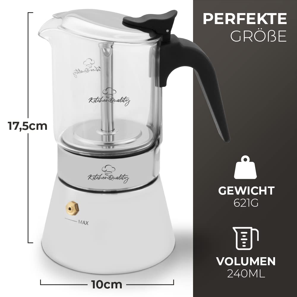 Zaparzacz do espresso – szkło + stal nierdzewna – 240 ml – na 4 filiżanki – 18,5 x 14 cm – do płyt ceramicznych, kuchenek gazowych, elektrycznych i indukcyjnych – z łyżeczką do porcjowania + 3 podstawki korkowe