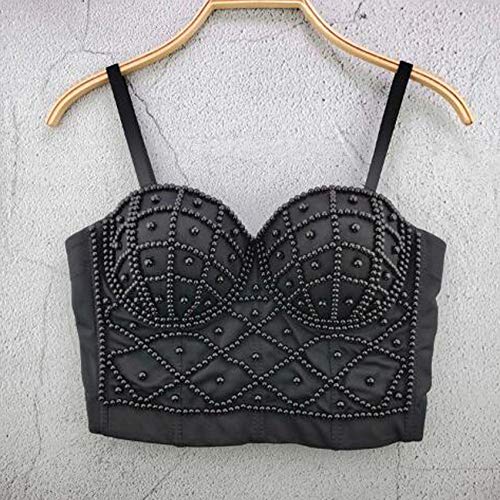 Chenyi Women's Strap Beads Bustier Corset Crop Top Club Party Bra (M, Black) #TOP2