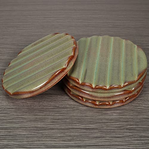 Textured Stoneware Ceramic Coasters with Cork Bottom, Handmade Round Clay Drink Coasters (Green)