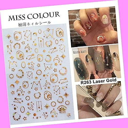 Laser Gold Galaxy Meteor Stars Zodiac Constellation Moon Stripes 3D Nail Sticker R263 for Nails Design Nail Art Stickers Decals Supplies Manicure Tips Sticker Colorful for Nail Decorations