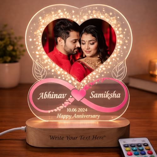 Image of Acrylic 3D LED Photo Lamp, Personalized Heart Shape, Digital UV Printed Photo, for Couples, Wife, Husband, Parents, Customized Photo, Name and Date,Multicolor 28CM
