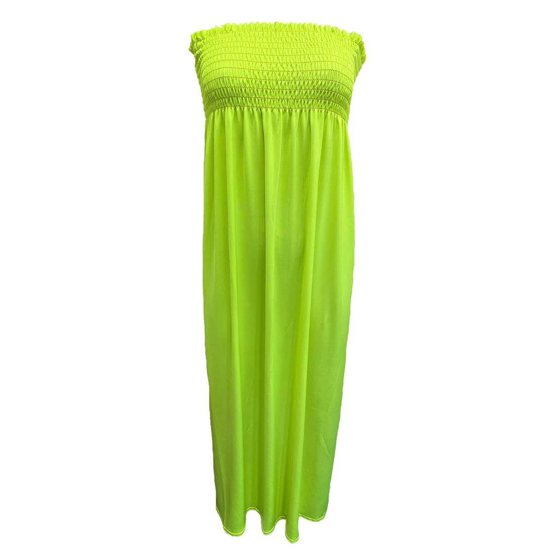 FAIRY TRENDZ LTD Womens Plain Shirred Bandeau Strapless Ladies Ruched Long Boob Tube Jersey Summer Maxi Dress Sheering Maxi Maxy(Neon Lime Yellow UK 16-18)
