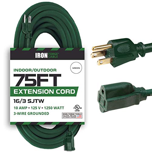 75 Foot Outdoor Extension Cord - 16/3 SJTW Durable Green Extension Cable