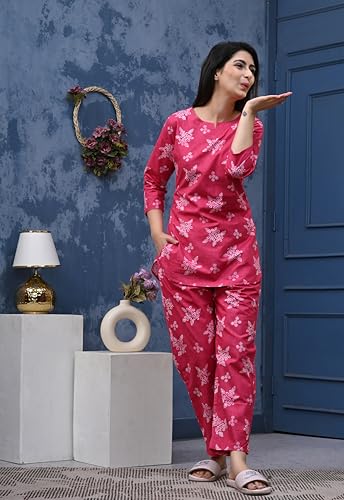 Image of Amazon Brand - Tavasya Women Cotton- Rayon Printed Kurti with Pant Co-Ord Set | Soft Comfortable Straight Fit Ethnic Kurta Set | 3 /4 Sleeves V-Neck Daily, Office & Casual Wear