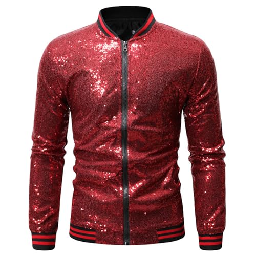 Mens Sequin Zip Up Bomber Jacket Casual Long Sleeve Fashion Lightweight Slim Fit Tops Coat Nightclub Wedding Outerwear