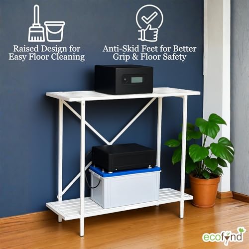 Image of ecofynd 2-Tier UPS Stand for Home and Office, Metal Inverter & Battery Stand, Heavy-Duty Holder for Industrial Use, Secure & Stable Single Battery Stand, Max Load 150KG, (White, IBS-PS041-WHT)