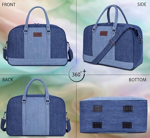 Image of Zainto Denim Duffel Bag for Men & Women | Stylish Weekender Travel Cabin Bag | Durable Denim Fabric with Shoulder Strap, Spacious Luxury Bag 7kg Flight
