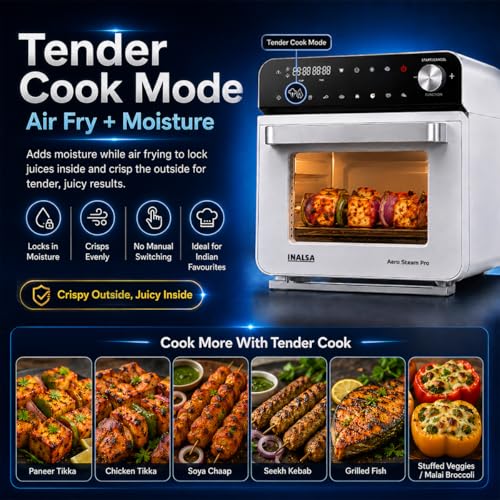 Image of INALSA Air fryer Oven 1700 W(Air Fryer + Steam)|10-in-1 Preset Air fry,Steam,Roast,Ferment,idli,Momos,Sanitize & More|15 L Large Family Size Capacity|Self Clean Function|2 Yr Warranty,Aero Steam Pro