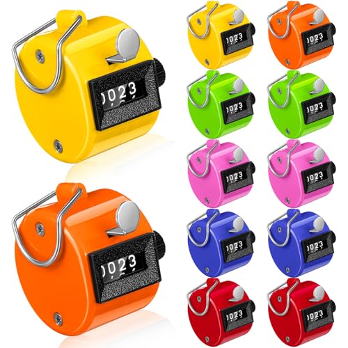 Copkim 12 Pcs Handheld Tally Counter, 4 Digit Number Clicker Counter, Metal Hand Mechanical Register for Coaching, Knitting, People, Golf and Row(Bright)