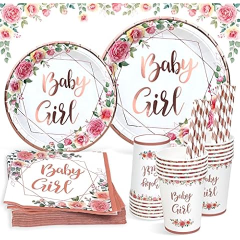 Heboland Baby Shower Decorations Girls Party Plates Set for 25 Guests, 125 Pieces Disposible Baby Girl Pink Paper Plates Cups and Napkins Straws Rose Gold Party Tableware Cover