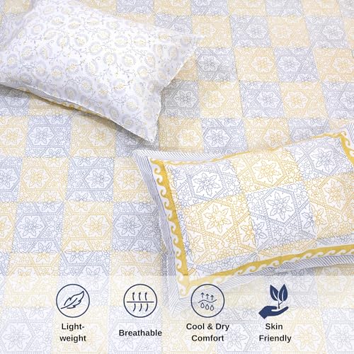 Image of TOAI Hand Block Printed Bedsheet | Bed Sheet Flatsheet | Pure Cotton | Double Bed King Size 108 inchx108 inch | 300 TC Bedsheets | Includes 2 Pillow Covers Jharokha (Yellow, Greyish Blue)