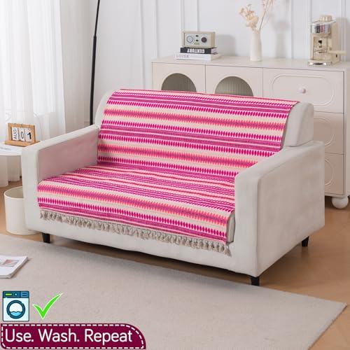 Image of HOKIPO 'Artisan Boho Series' Sofa Cover with Tassel for 2 Seater Sofa | 450 GSM Thick Cotton Acrylic Jacquard Fabric Sofa Cover, Size 152x120 cm, Fuchsia Pink (IN-908-A5)