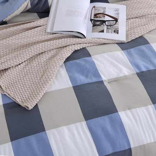 Oli Anderson Comforter Set, 3 PCS Bedding Comforter, Reversible Lightweight Fluffy Checkered Bedding Set with 2 Pillowcases for All Seasons (Blue White Plaid, King) by Oli Anderson - Image 7